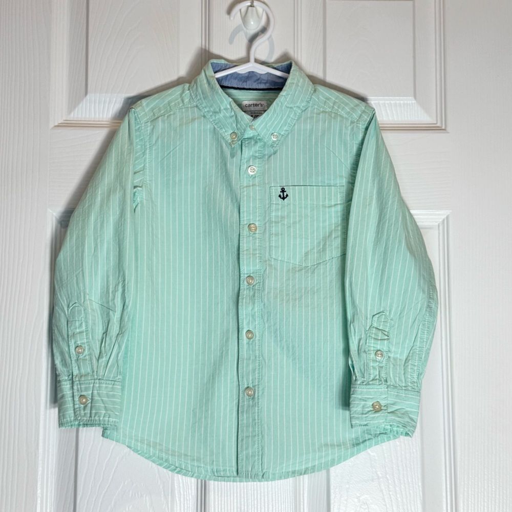Carter’s Boys 4/5 Long Sleeve Button Down Shirt Light Green White Striped Size